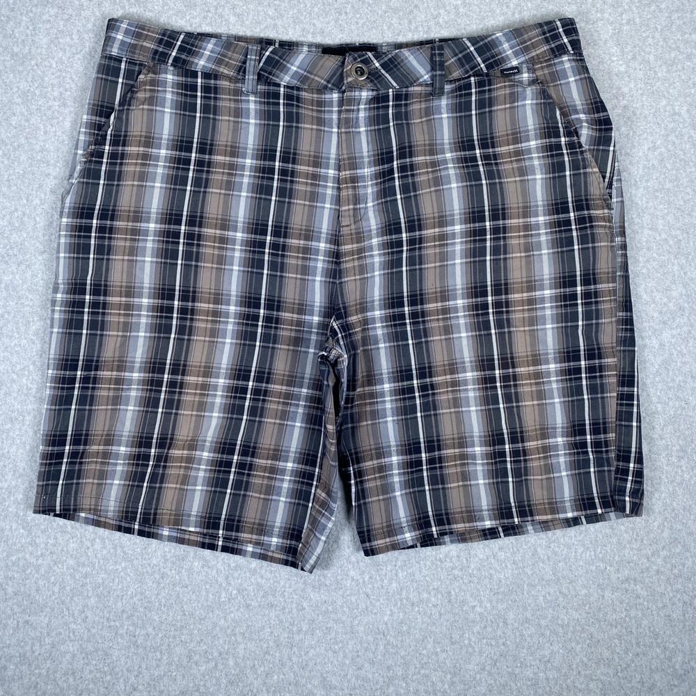 Hurley Plaid Walk Shorts Mens 38 Grey Brown Blue Flat Front Casual